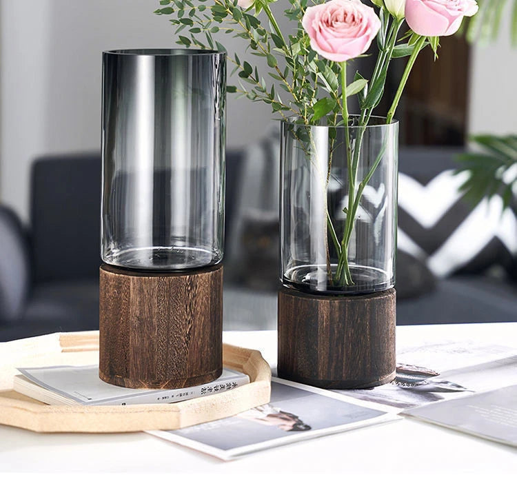 Wood base transparent glass vase