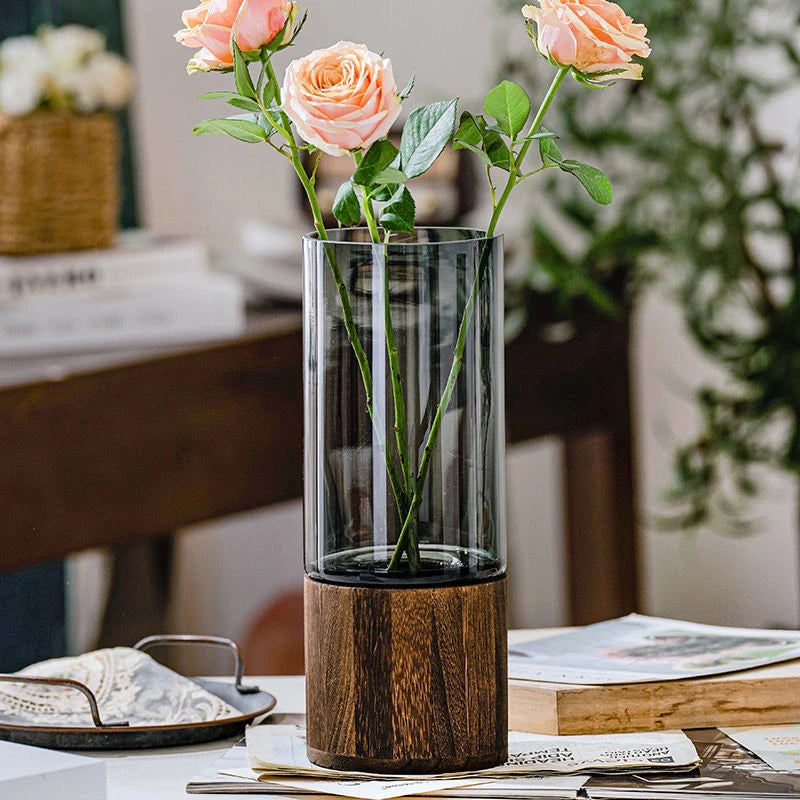 Wood base transparent glass vase